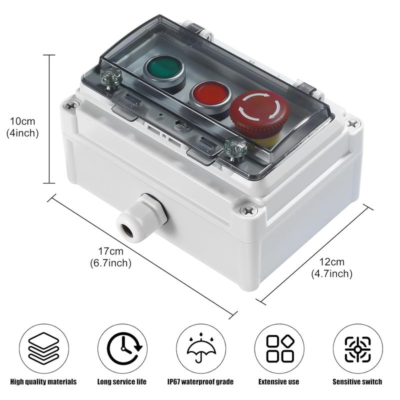 Manesi Push Button Station IP67 Outdoor Waterproof Button Switch Box Emergency Stop Button Switch and Instantaneous Button Switch (Green and Red) with Protective Cover Anti-Misoperation Switch - Image 2